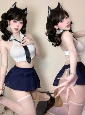 纯欲元气短衫露腰百褶学院套装性感纯欲制服诱惑内衣2143