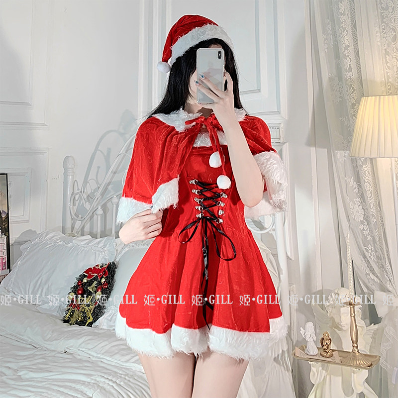 姬GILL: 跨年圣诞露肩制服日系性感纯欲甜美提花性感制服连衣裙