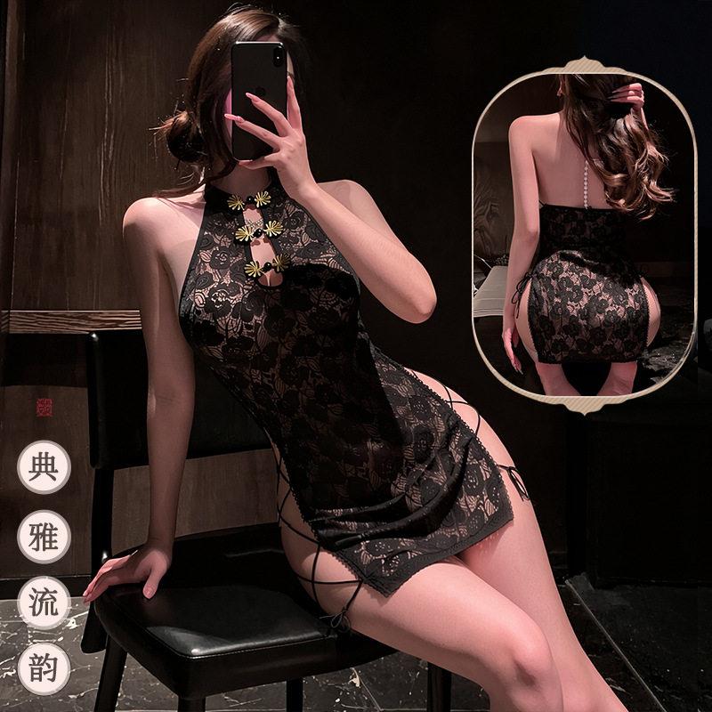 姬GILL内衣性感复古蕾丝侧开纯欲系带旗袍制服套装酒吧黑丝夜店女