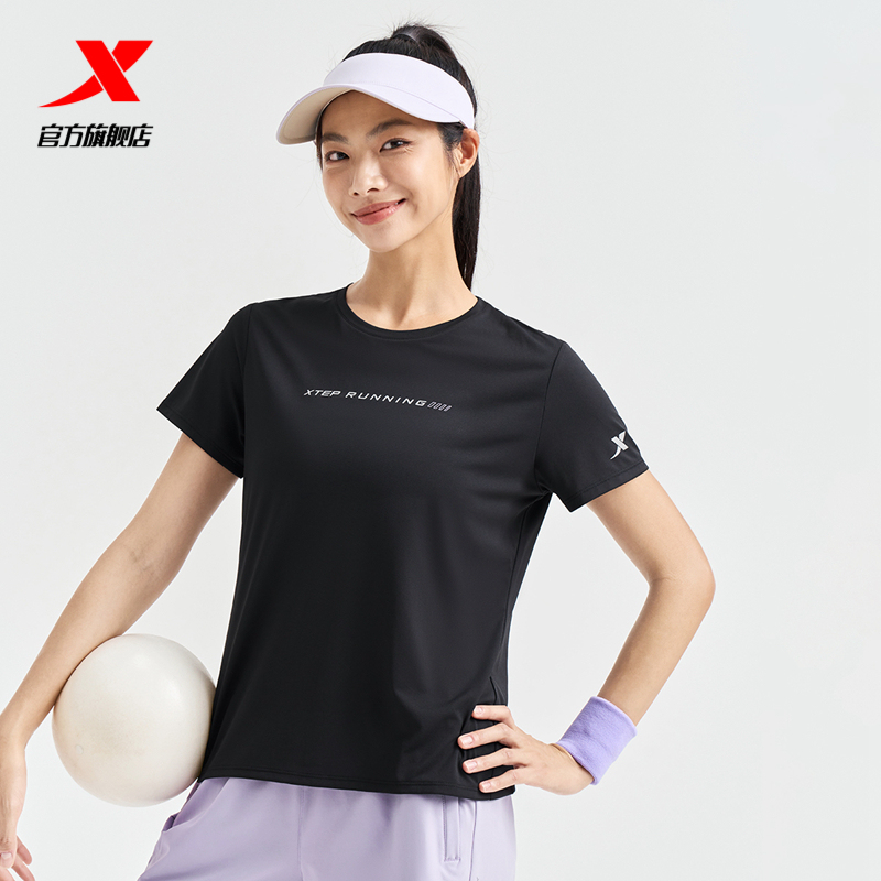 特步短袖女2025夏季新款跑步速干圆领针织运动T恤976228010280