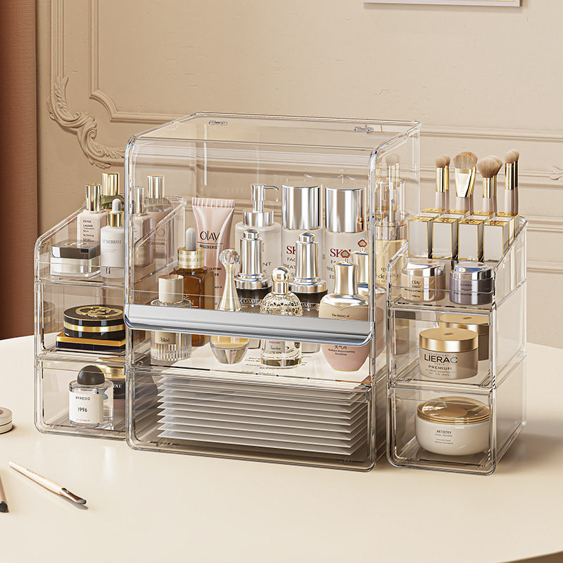 化妆品收纳盒桌面防尘梳妆台护肤品口红置物架透明亚克力整理箱柜