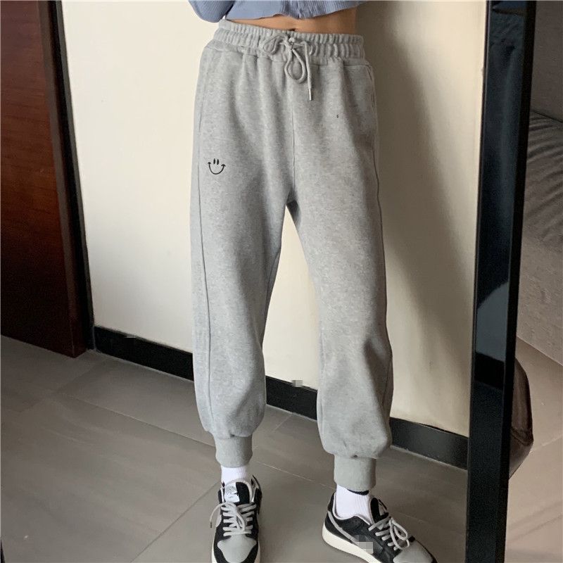 Real price real picture tight high waist and plush legged sports pants women's autumn and winter embroidery smile face harlemen pants