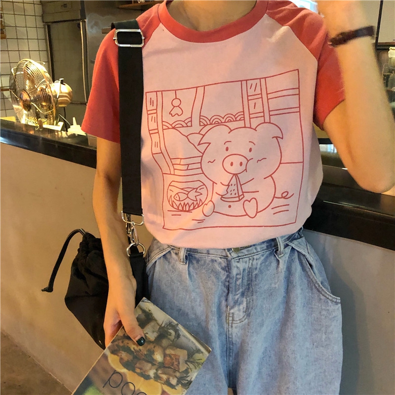 實價實拍  日系插肩袖搞怪豬豬印花短袖撞色T恤女上衣