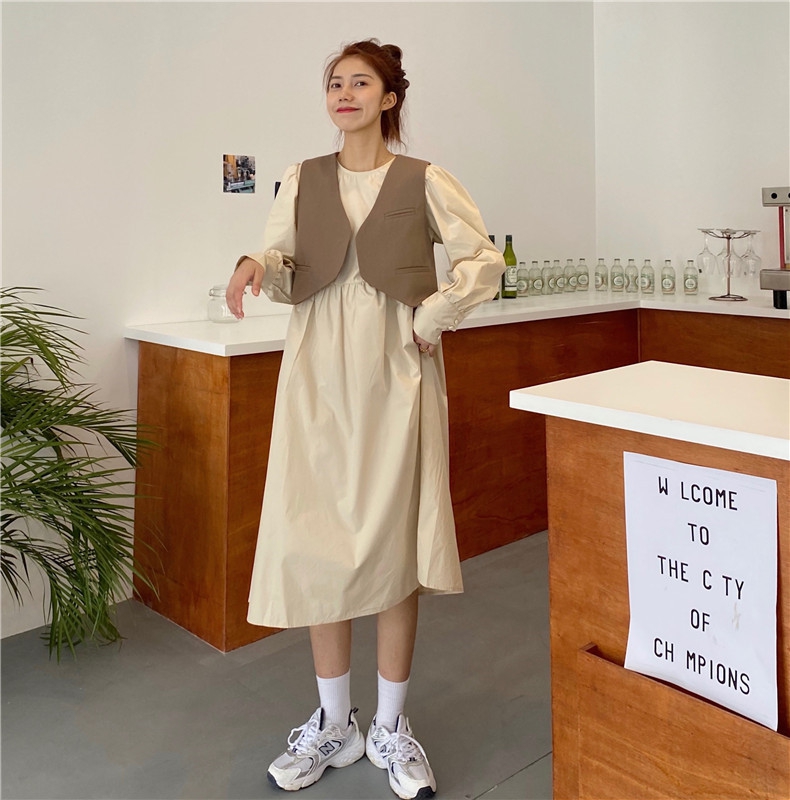 Real shot real price literary temperament long sleeve first love dress + French vest playful junior coat women's suit