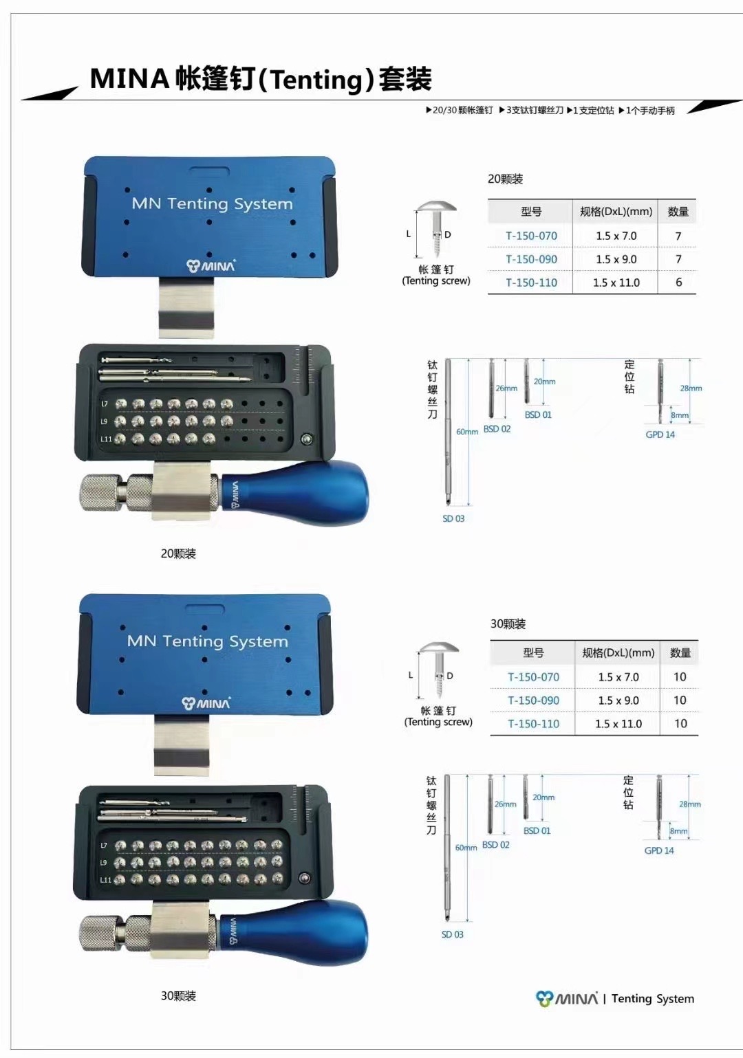 MINA米娜膜钉钛钉帐篷钉种植钛网GBR骨增量套装工具盒 牙科口腔