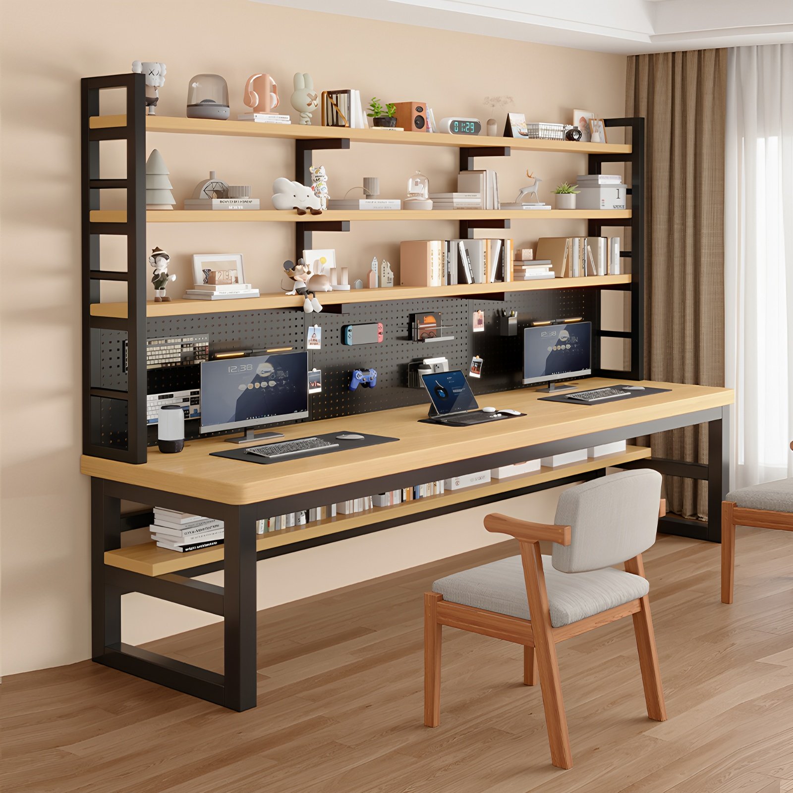 台式电脑桌简约学生家用书桌书架一体桌子洞洞板写字台双人学习桌