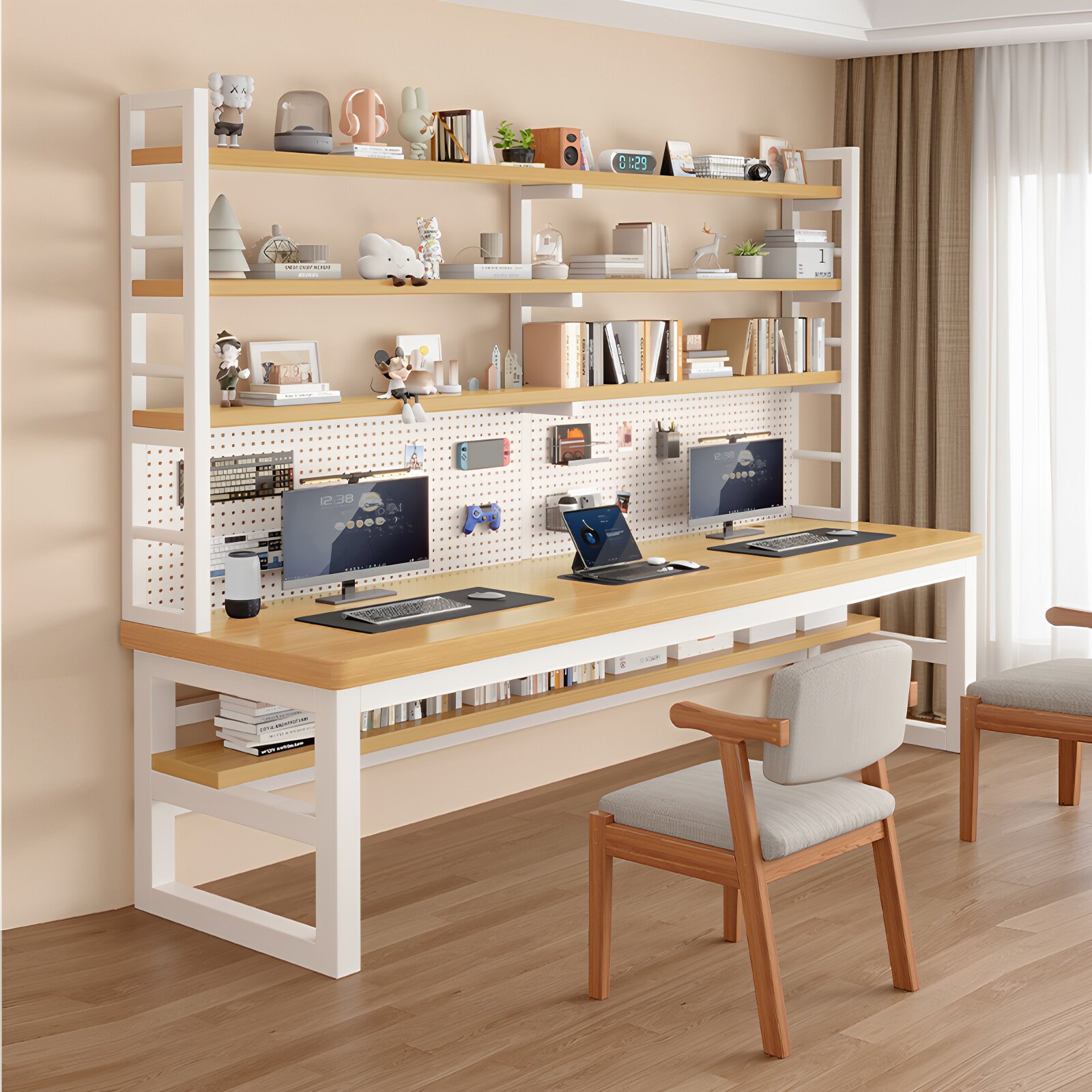 家用实木生态板电脑桌书桌架一体桌工作台洞洞板写字桌双人学习桌