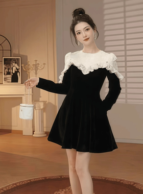 21975 学生院风黑白拼接连衣裙女亮片拼接a字裙高级感丝绒短裙