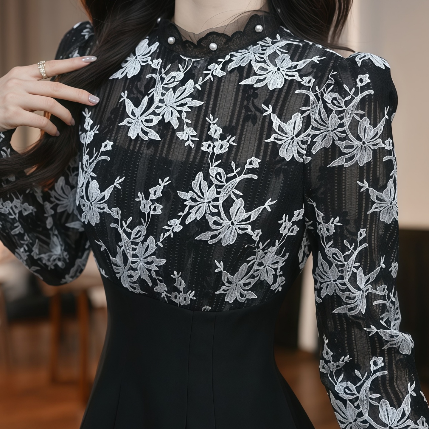 原创设计精致拼接高腰连衣裙