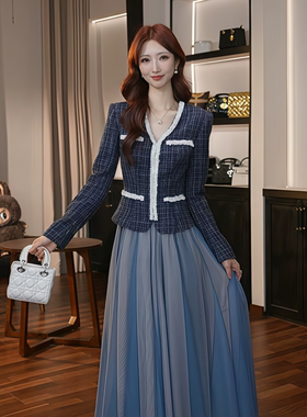 48076 秋冬新款法式复古优雅气质显瘦高腰拼接连衣裙修身气质淑女