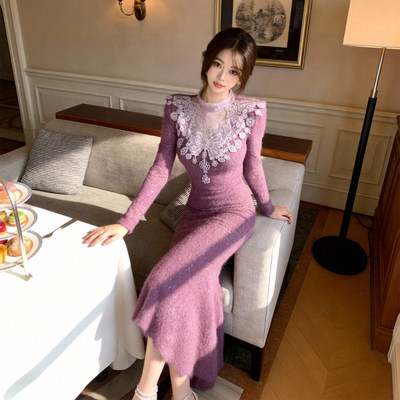 立领蕾丝拼接长袖修身显瘦长裙