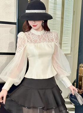 11693 秋冬新款法式圆领网纱灯笼长袖拼接上衣女收腰显瘦名媛小衫