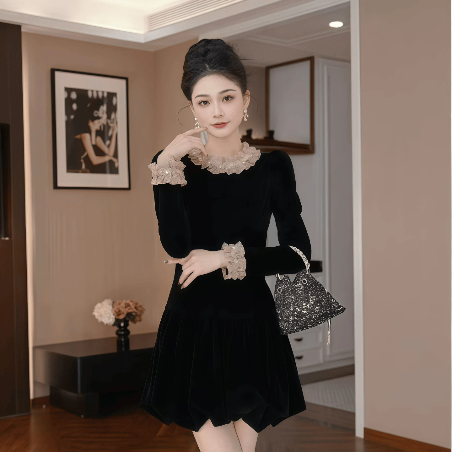 法式黑色赫本风气质款丝绒连衣裙