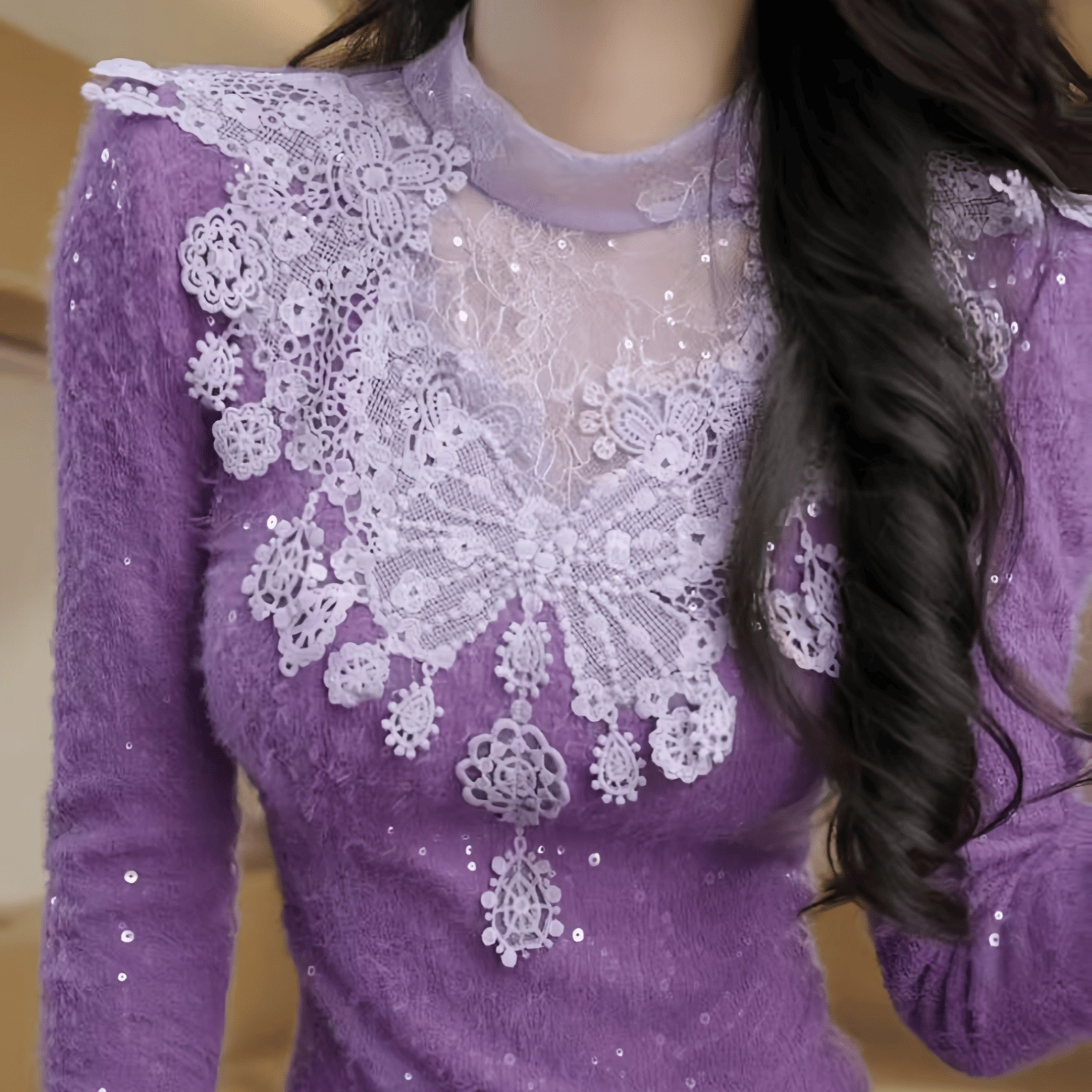 21991 富家千金蕾丝气质连衣裙秋装新款鱼尾晚礼服紫色裙子