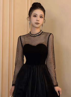 21565 黑色蓬蓬礼服连衣裙女宴会年会打底内搭高端精致小黑裙子