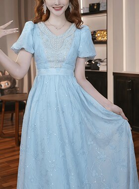 65611 富家千金穿搭泡泡袖连衣裙名媛风气质轻奢礼服夏季重工长裙