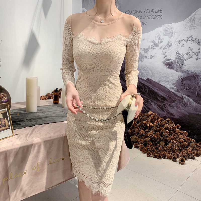 2025春装新款女装韩版性感网纱拼接修身包臀睫毛蕾丝连衣裙1715