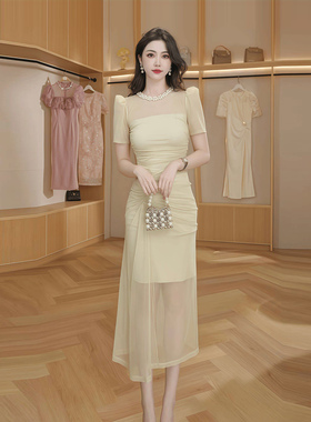 83080设计感名媛褶皱礼服连衣裙夏轻奢小众宴会修身裹胸中长裙女