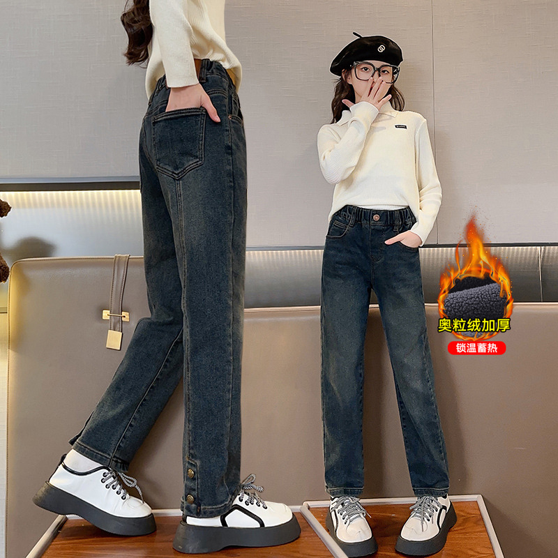 女童加绒裤子秋冬中大童牛仔裤