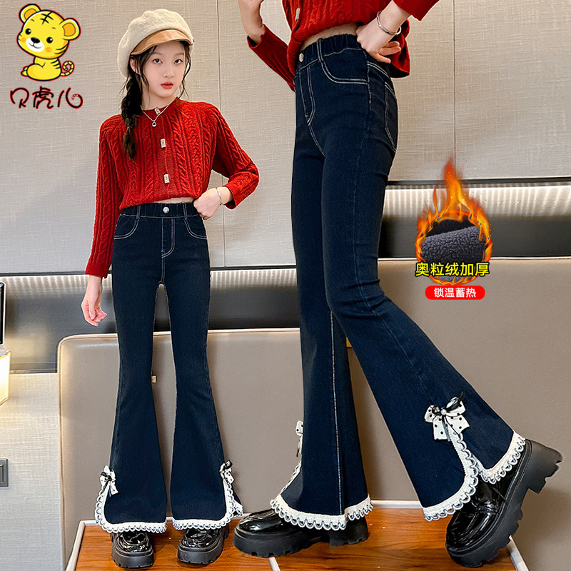 女童加绒裤子秋冬中大童喇叭裤