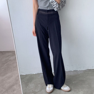 春秋新款 大码 外贸原单女装 欧美纯色中腰直筒拼接显瘦OL休闲长裤