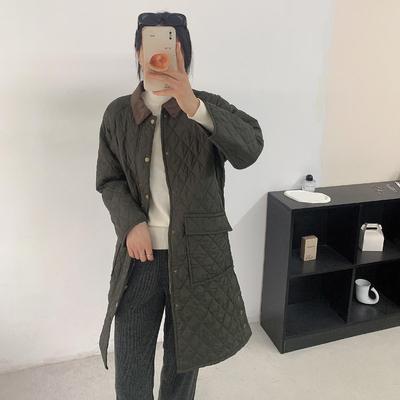 菱形格绗缝中长薄款棉衣日单复古