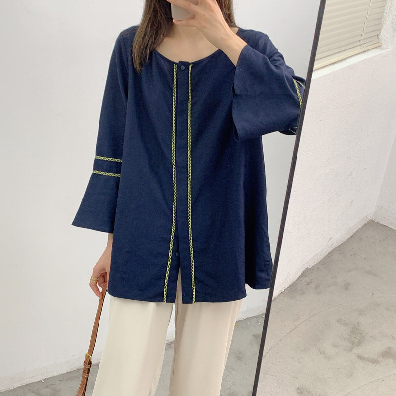 欧美轻奢贵牌刺绣亚麻喇叭袖圆领纯色OL人棉麻衬衫外贸原单女大码