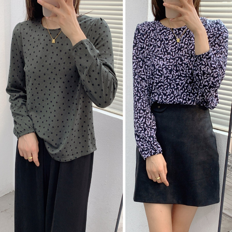 长袖波点树叶印花休闲女秋冬