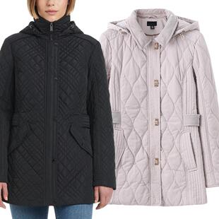 欧美绗缝防风雨雪连帽拼接收腰保暖休闲棉衣外贸原单女装大码秋冬