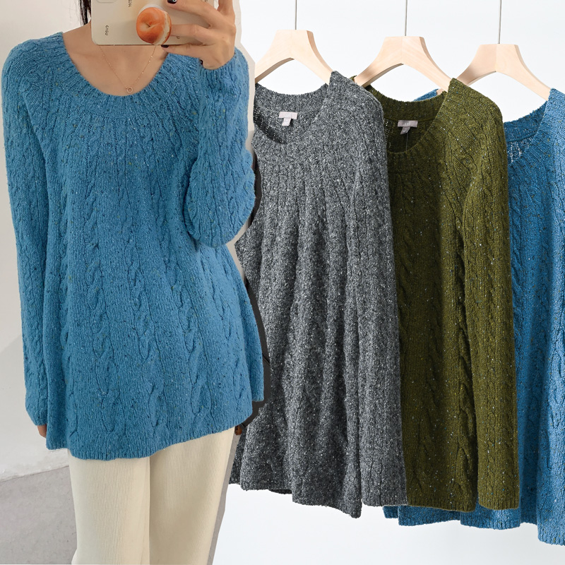 欧美圆领麻花羊毛宽松显瘦花色复古毛衣 外贸原单女装大码秋冬