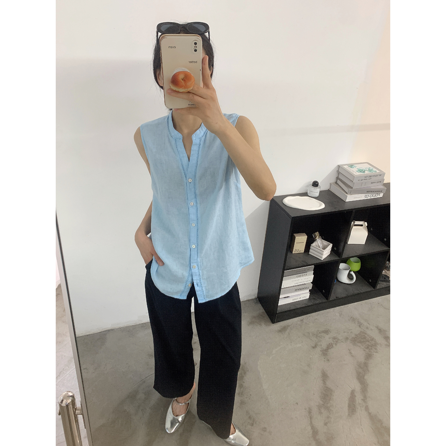 全亚麻休闲凉爽舒适无袖女士衬衫