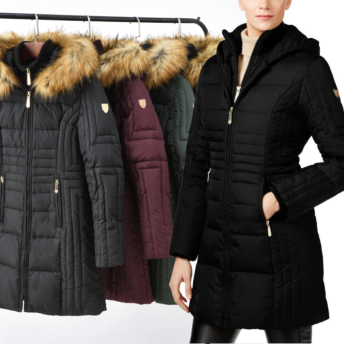 欧美连帽绗缝中长款加厚双门襟派克羽绒服 外贸原单女装秋冬新款