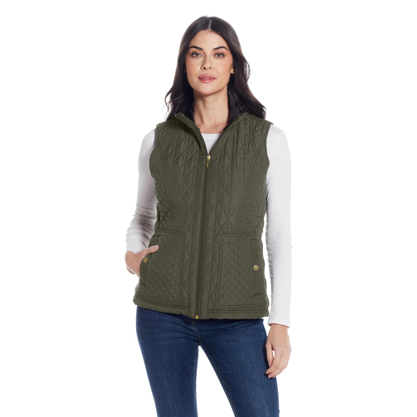 菱形格绗缝马夹欧美加绒拉链立领