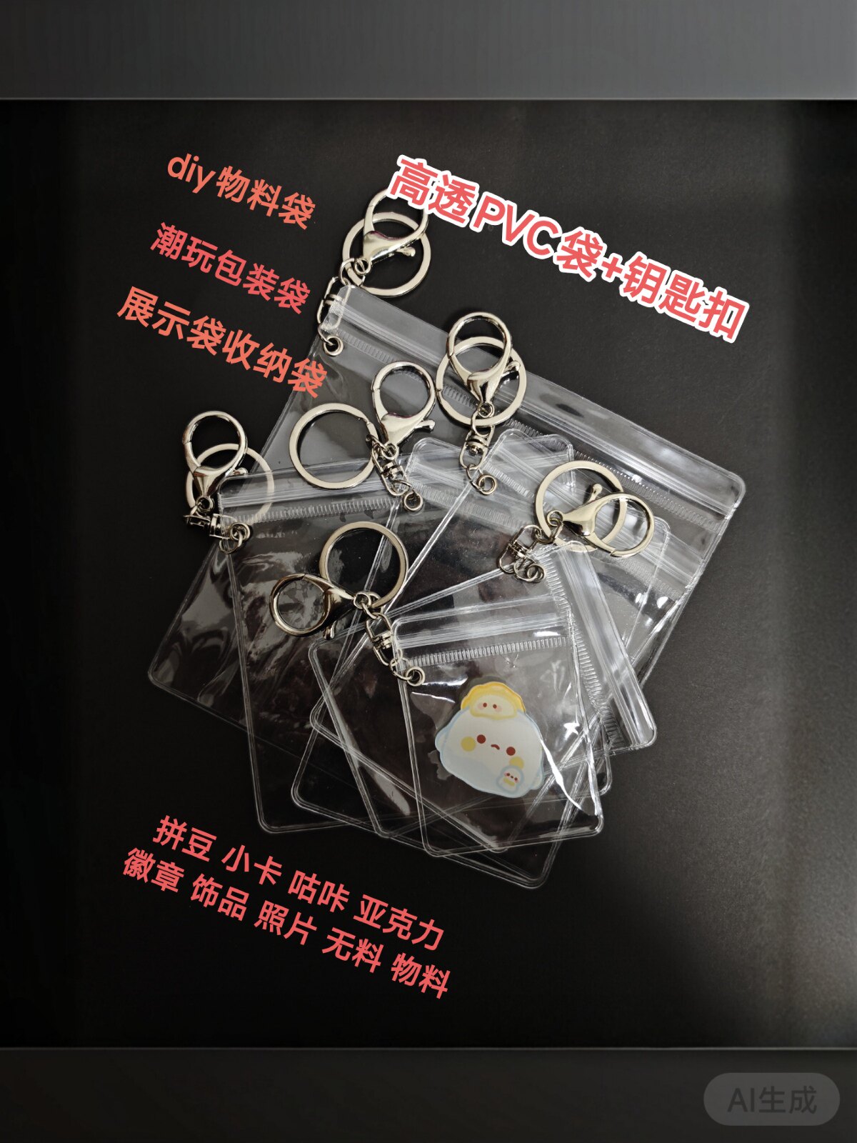 拼豆小卡无料diypvc透明袋钥匙扣潮玩套装包装带扣眼袋龙虾扣带圈