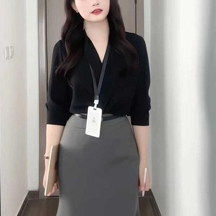 干练气质套装 早秋搭配一整套别致黑色衬衫 鱼尾半身裙两件套女装