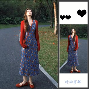 法式 背心裙 复古玫瑰碎花v领连衣裙海边度假风小众不撞款 收腰无袖