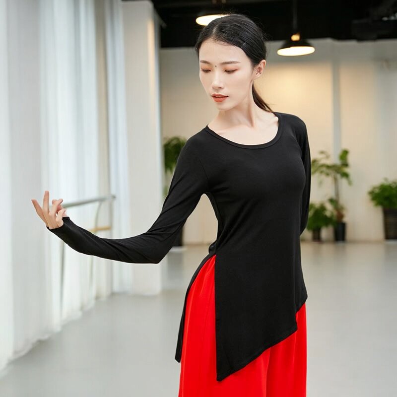 新款舞蹈练功服女成人宽松长袖上衣现代舞古典广场舞跳操服瑜伽服