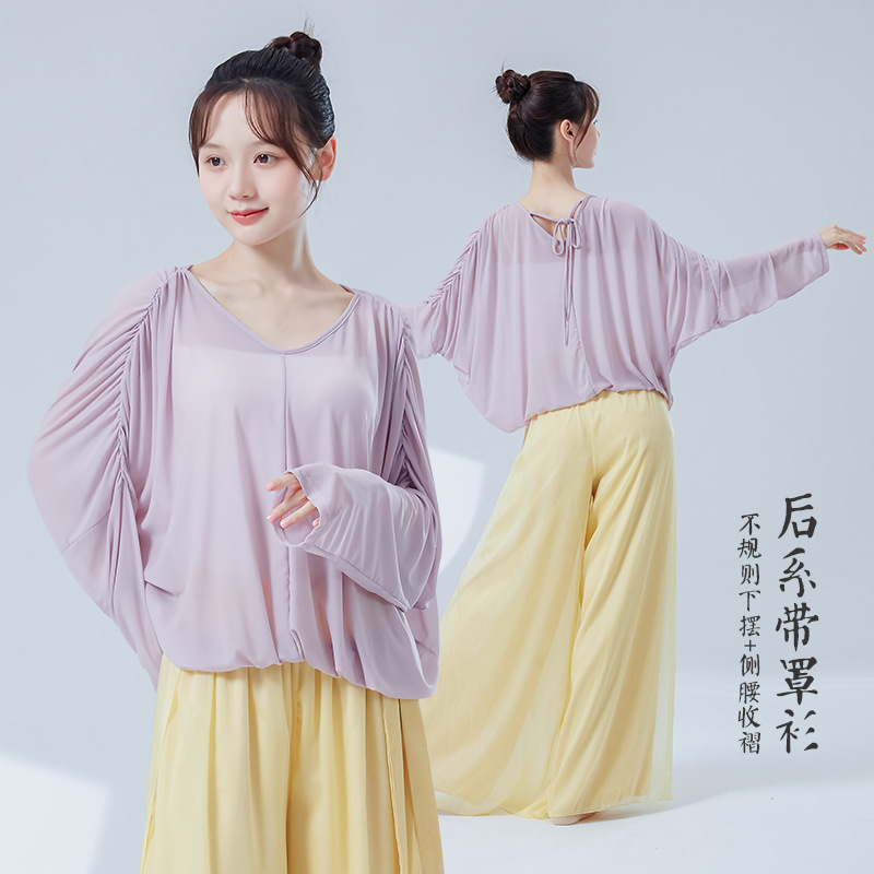 现代舞蹈服装女新款后系带纱衣长袖罩衫宽松中国古典舞练功服上衣