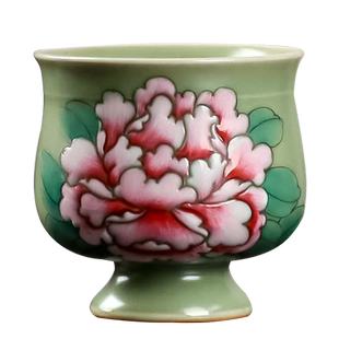 豆青色手绘牡丹陶瓷杯主人杯品茗杯高档茶盏茶杯功夫茶具单个礼盒