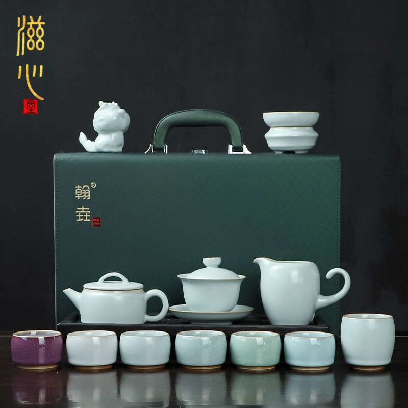 徐宝苗高端天青五大名窑茶壶盖碗套装陶瓷家用喝茶功夫茶具礼盒装