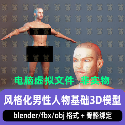Blender风格化卡通成年男性人体角色骨骼绑定3D模型FBX C4D Maya