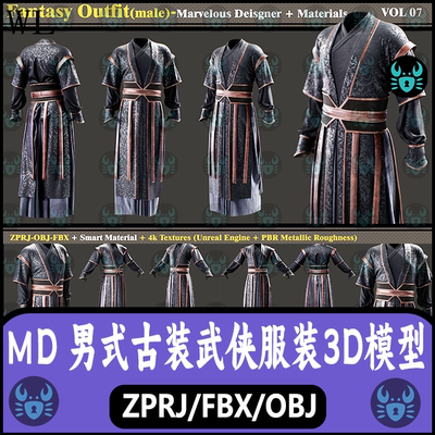 MD服装素材男性古装汉服魏晋风侠客服饰板片打板源文件 clo3d模型