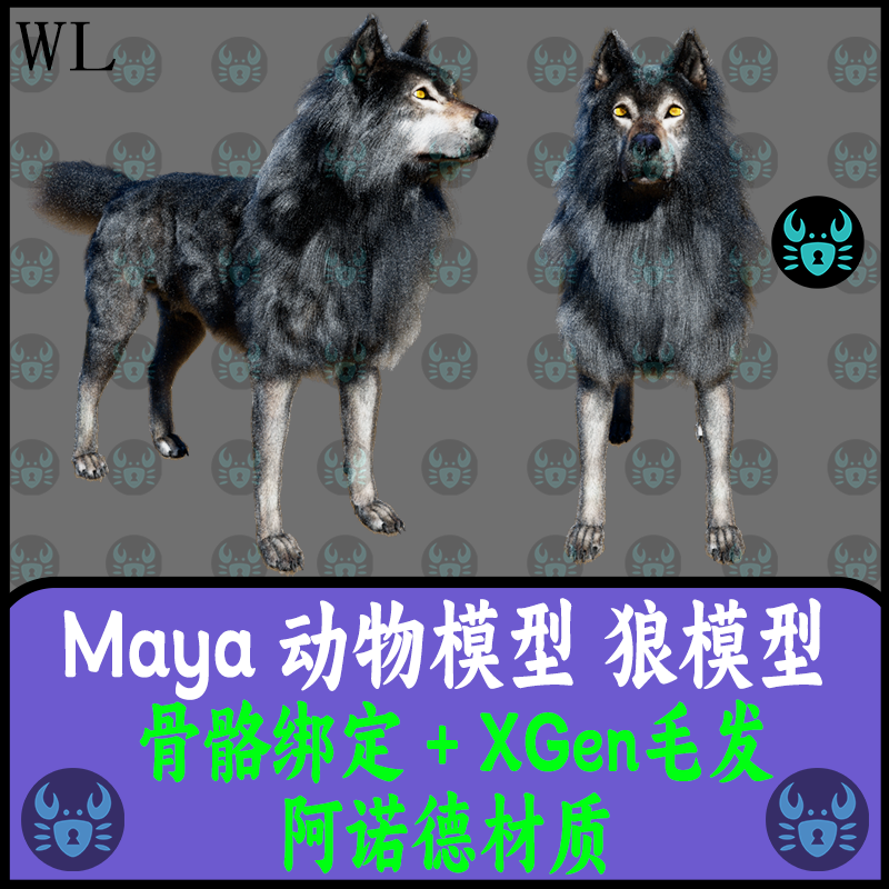 maya狼模型写实动物3D模型带有骨骼蒙皮XGen毛发材质贴图maya模型