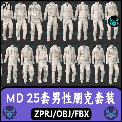 MD男性赛博朋克套装工装上衣长裤zprj基础板片clo3d模型obj素材