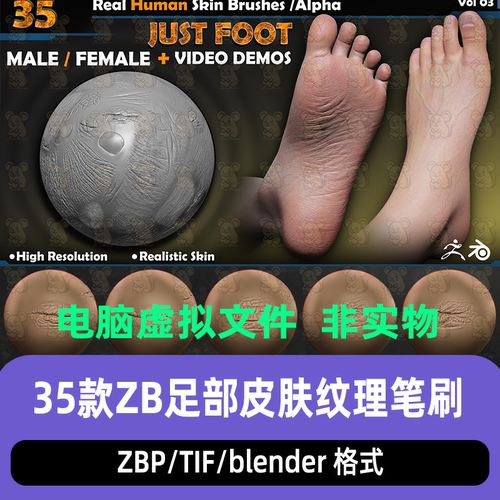 ZBrush写实人类足部皮肤指纹折痕纹理脚部指甲ZB雕刻blender笔刷