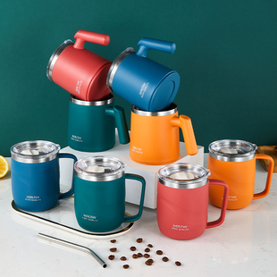 304不锈钢马克杯咖啡杯家用水杯男生女生杯子带盖子大容量带吸管