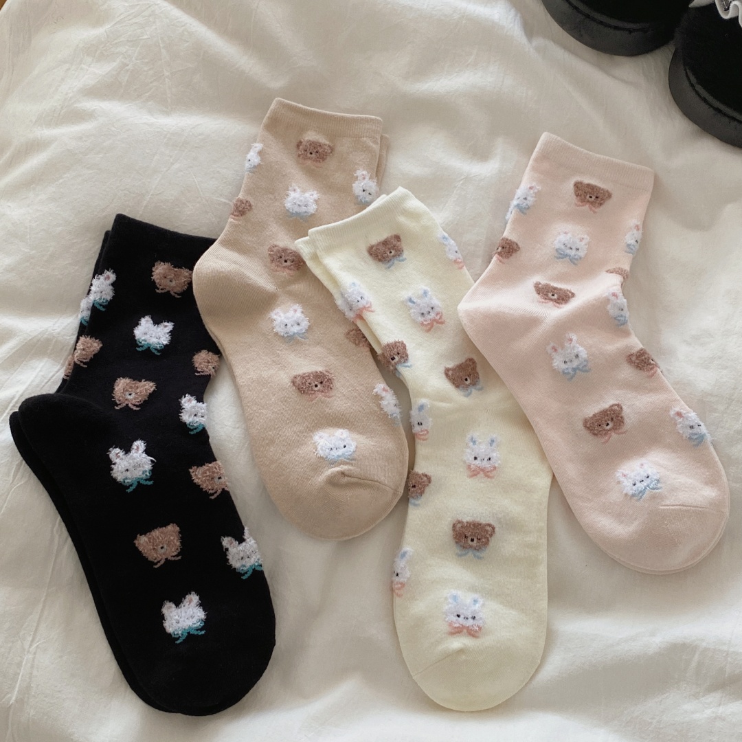 可爱小兔小熊中筒袜学院风