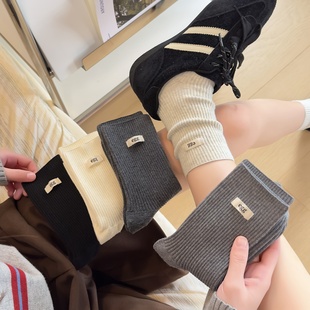 egg布标堆堆袜女秋季 中筒袜百搭甜美纯色布标双针袜子