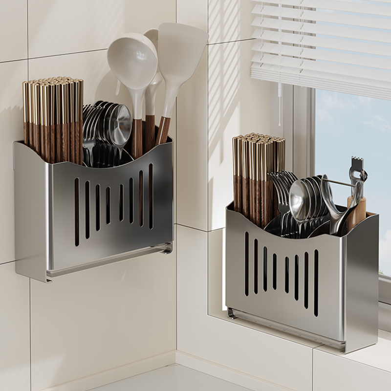 不锈钢筷子筒壁挂式筷子收纳盒厨房家用沥水新款桶笼篓勺子置物架
