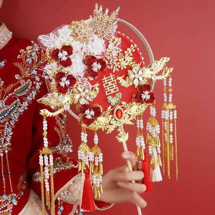 双面双色团扇新娘结婚diy材料包秀禾出嫁喜扇子重工婚礼结婚礼物